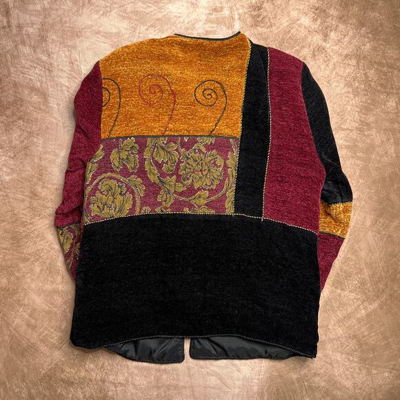 Vintage 90s Allure Boutique Chenille Knit Patchwork Embroidered Cardigan Sweater - Picture 2 of 8